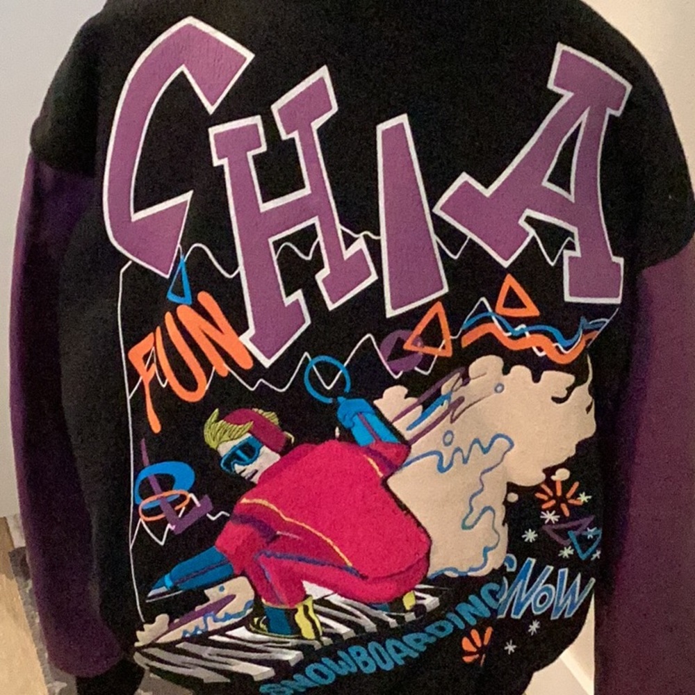 Chia snowboard coat with leather sleeves, size medium